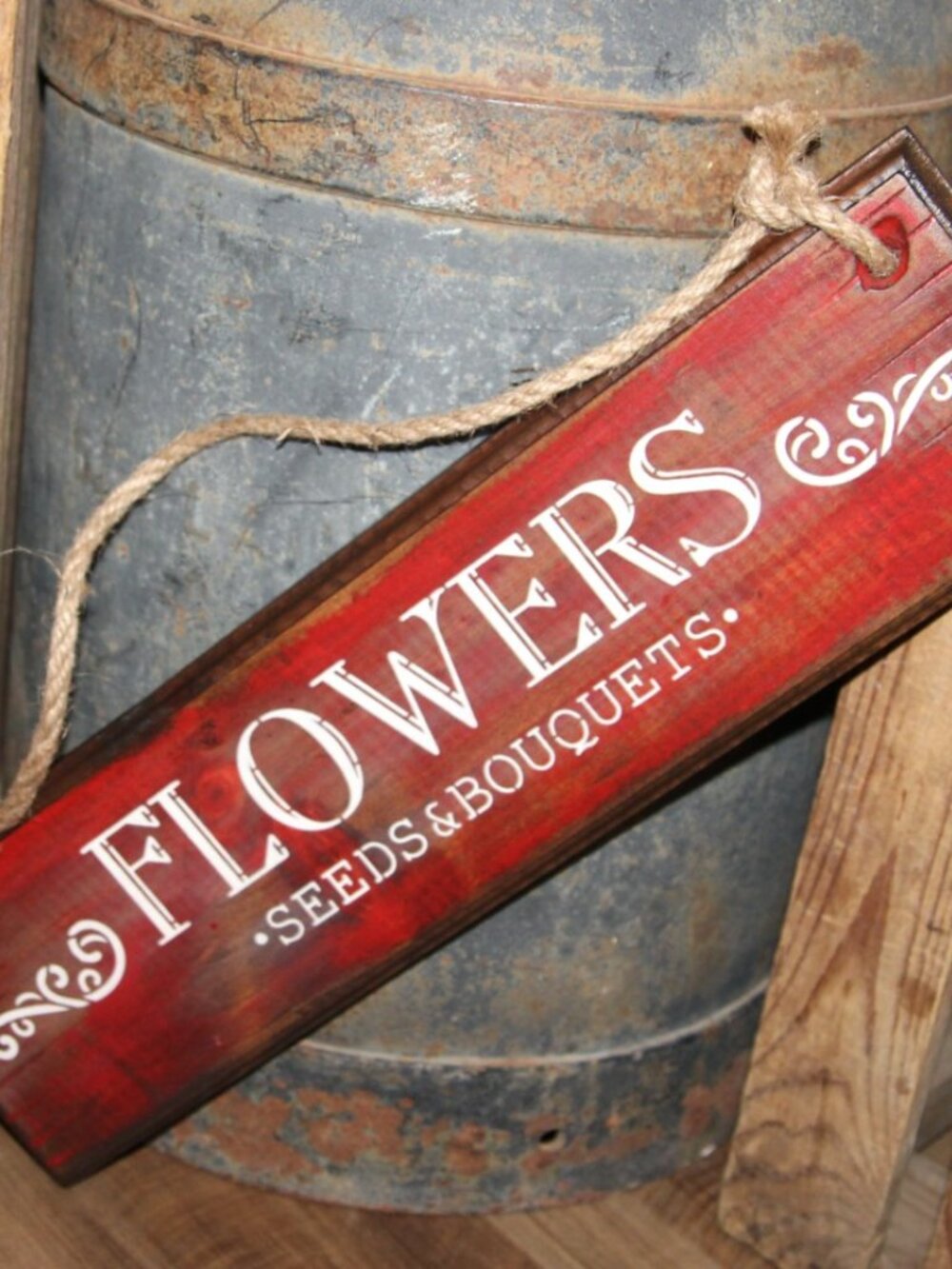 Rustic Distressed Red Black & Cream FLOWERS Farmhouse Wall Decor Sign